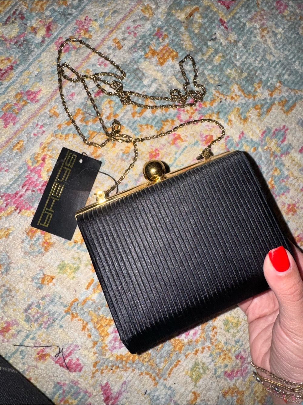 Sasha Black Ribbed Evening Clutch with Gold Frame